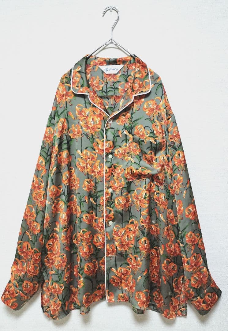 美品　&ellecy　鬼百合柄 (和柄)開襟シャツ　M　Unisex ellecy - &ellecy アンドエルシー 長袖シャツ オープンカラーシャツ 花