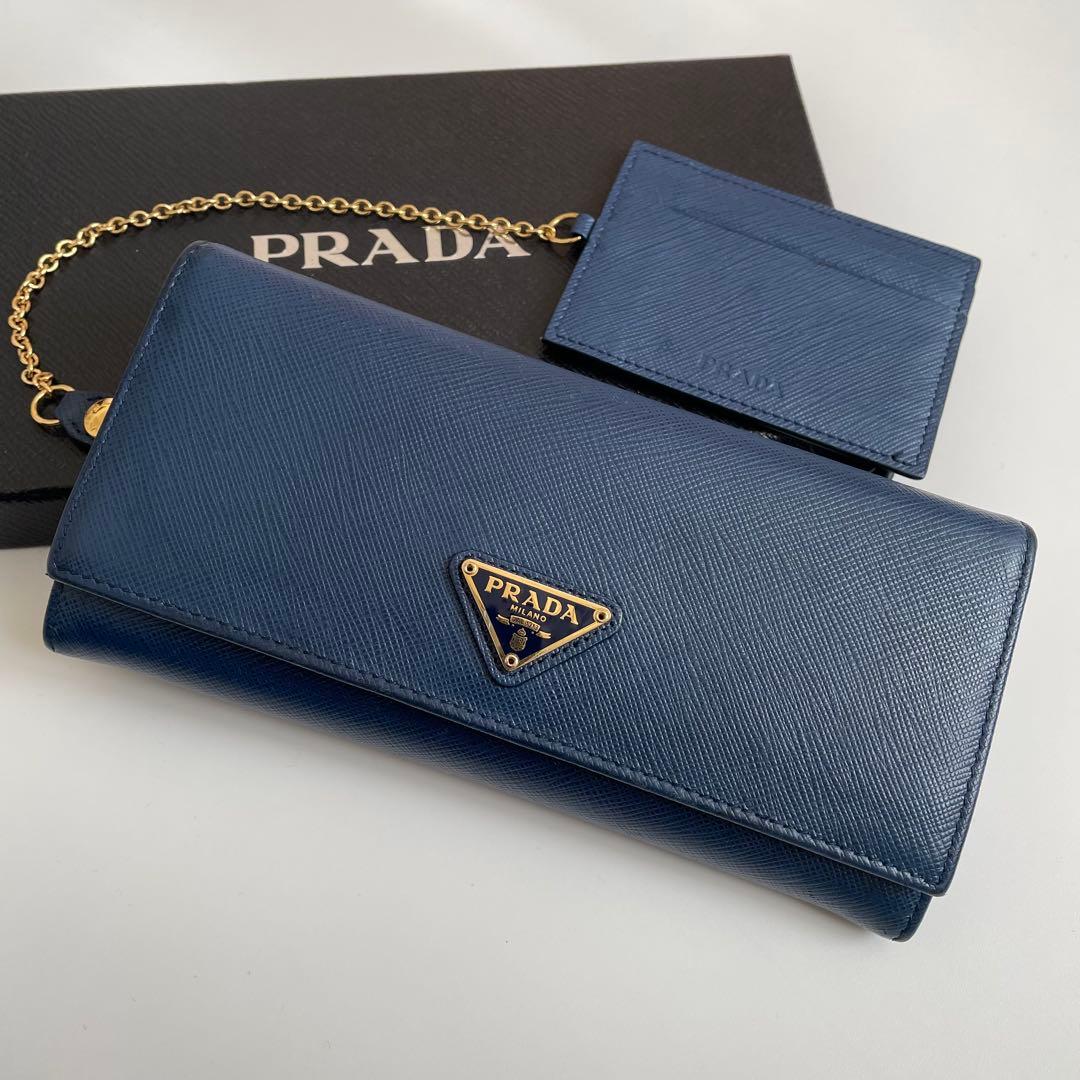 極美品】プラダ 長財布 Wホック パスケース付 サフィアーノ 青 1MH132