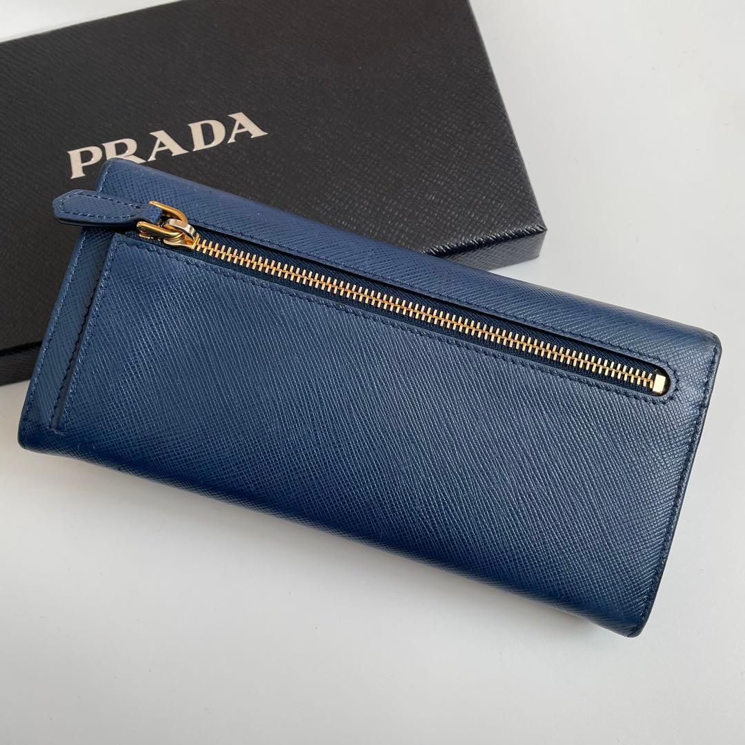極美品】プラダ 長財布 Wホック パスケース付 サフィアーノ 青 1MH132