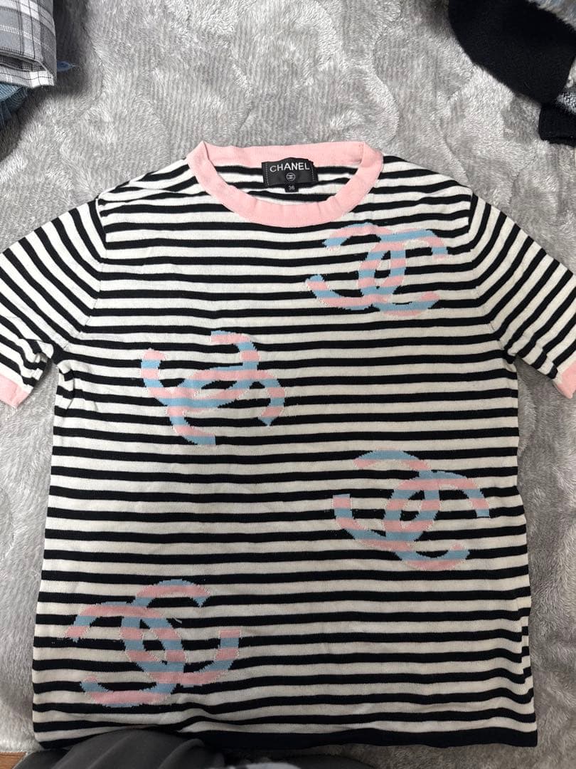 CHANEL CCロゴ ストライプ 半袖ニット 36 ココマーク フランス製