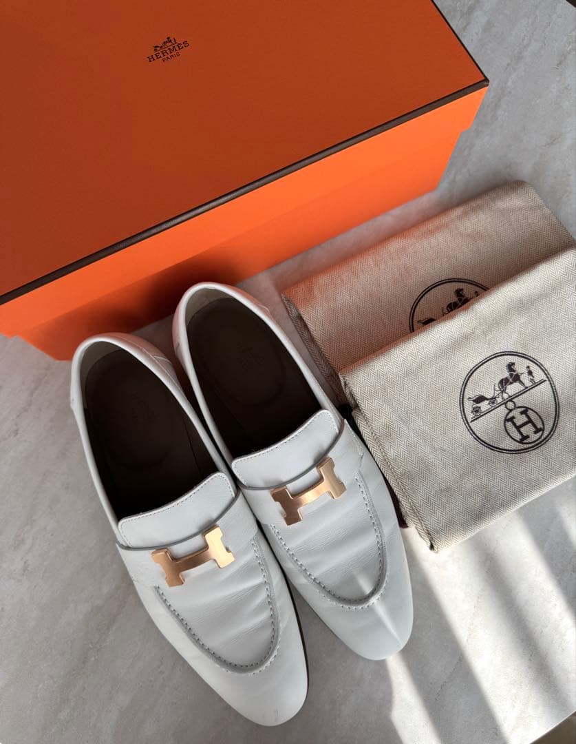 HERMES エルメス モカシンパリ 36.5 ホワイト ローズゴールド金具