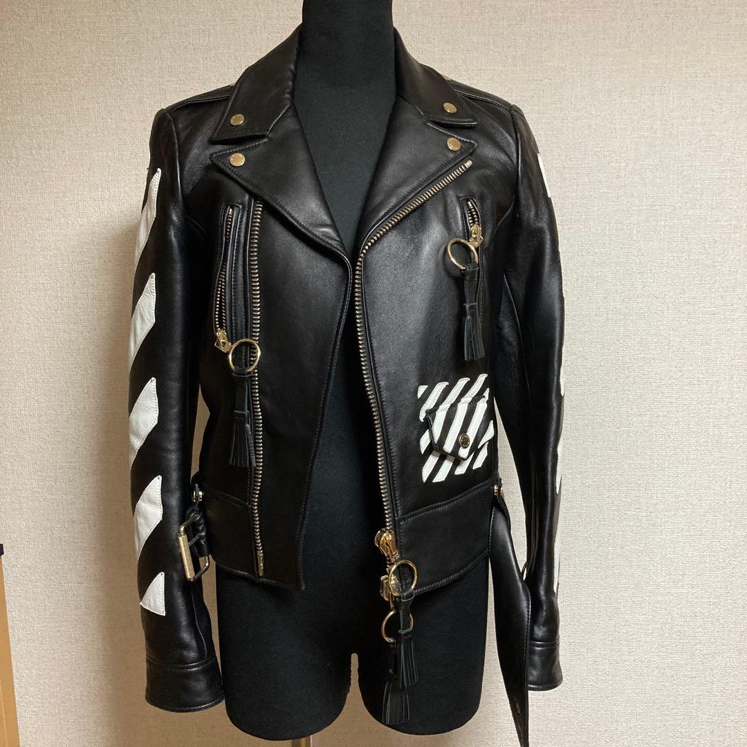 offwhiteブラックレザーライダースジャケット - メルカリ