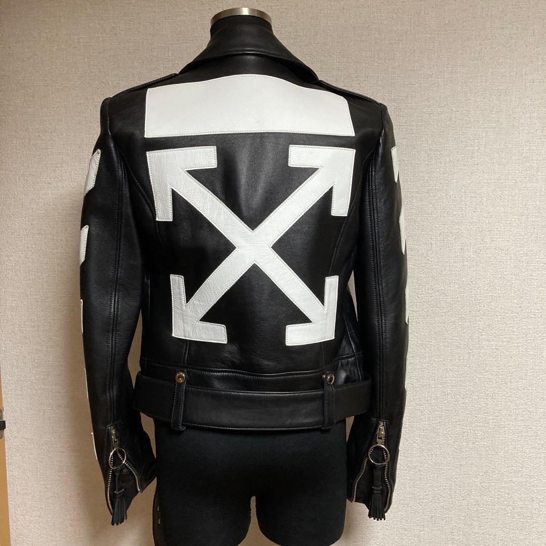 offwhiteブラックレザーライダースジャケット - メルカリ