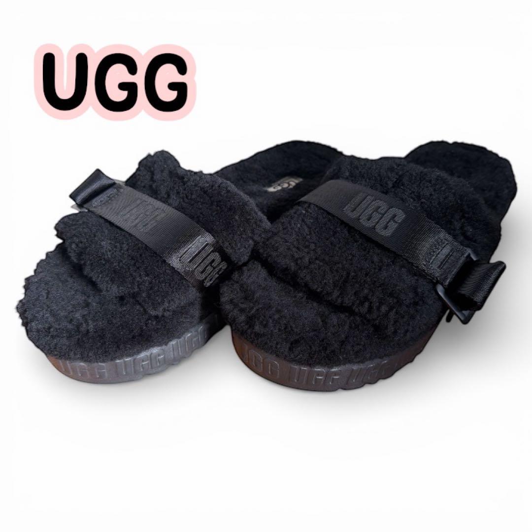UGG ボアファーサンダル 厚底 ブラック - メルカリ