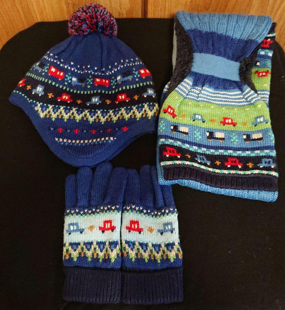 美品 ファミリア 車柄 ニット帽子×マフラー×手袋set 青 familiar - ファミリア ニット帽 マフラーセットの通販 by youcouture
