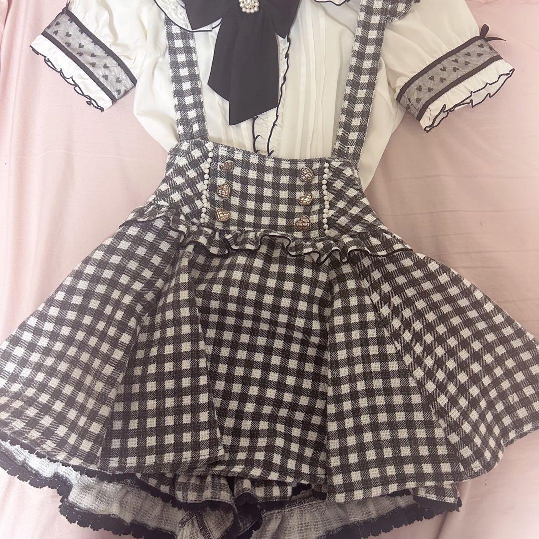 リズリサ ギンガムチェック サスペンダー つき スカパン ブラック