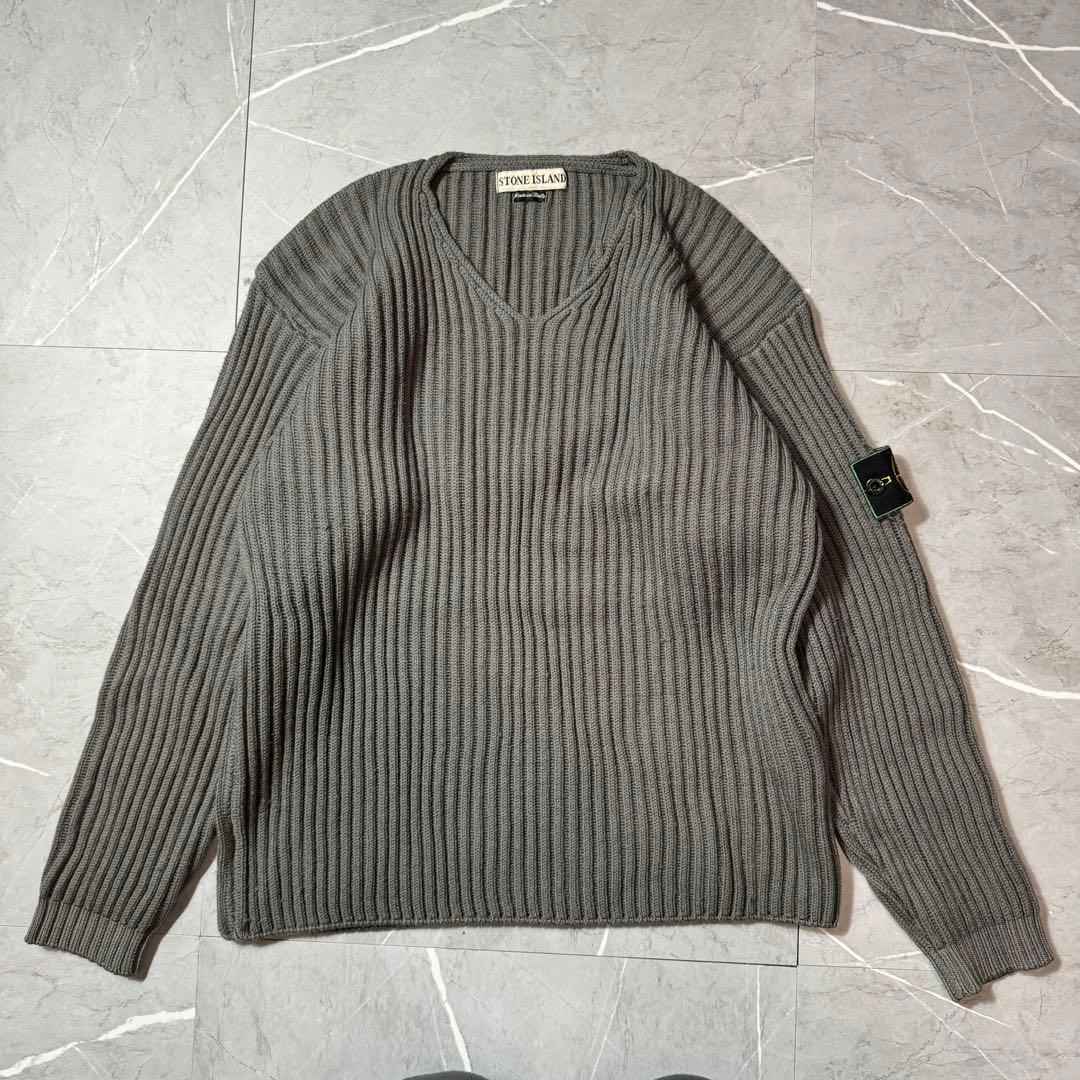 希少】ストーンアイランド 90s グリーンエッジ Vネックニット 厚手