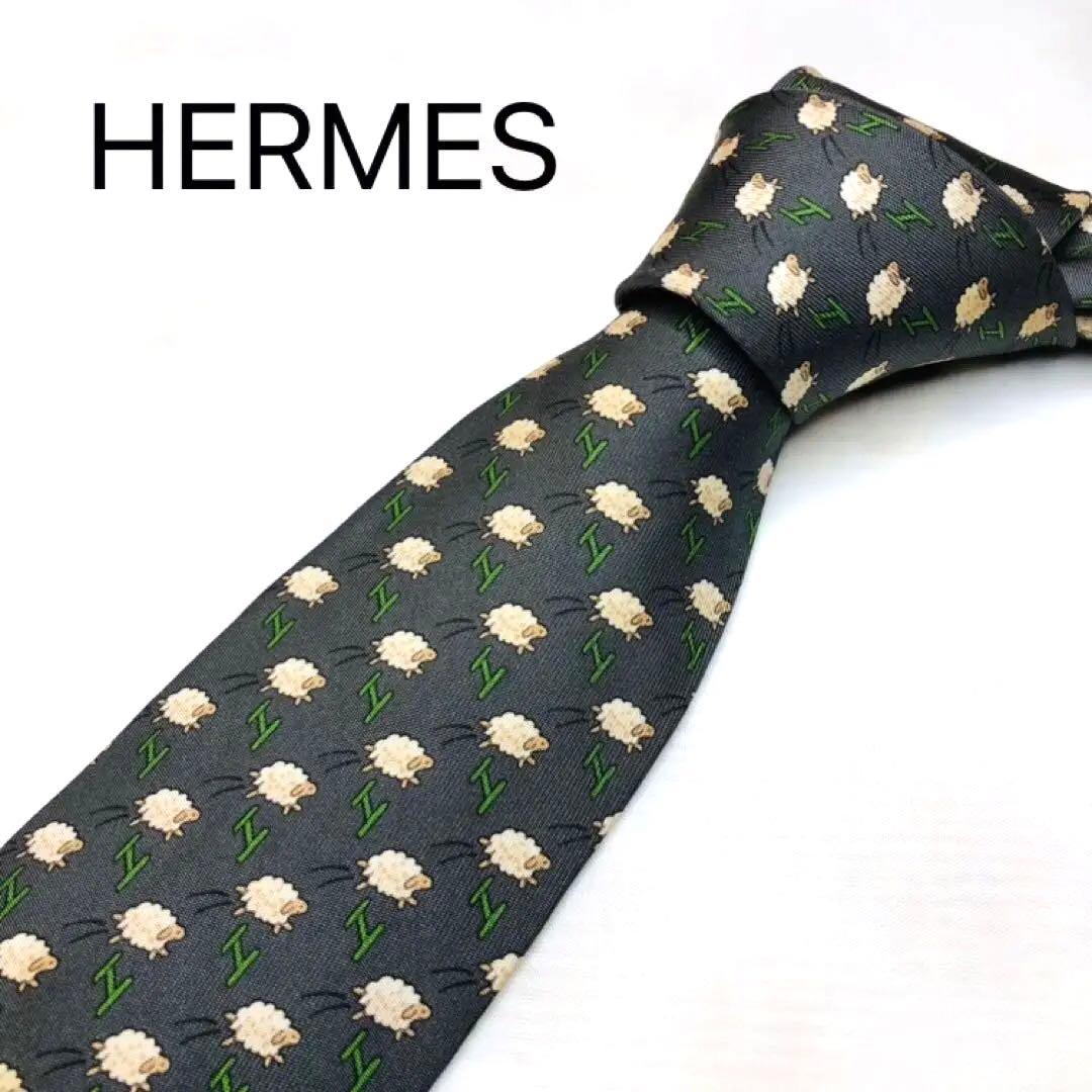 HERMESエルメスネクタイ ハイブランド 羊柄グレー 高級シルク100