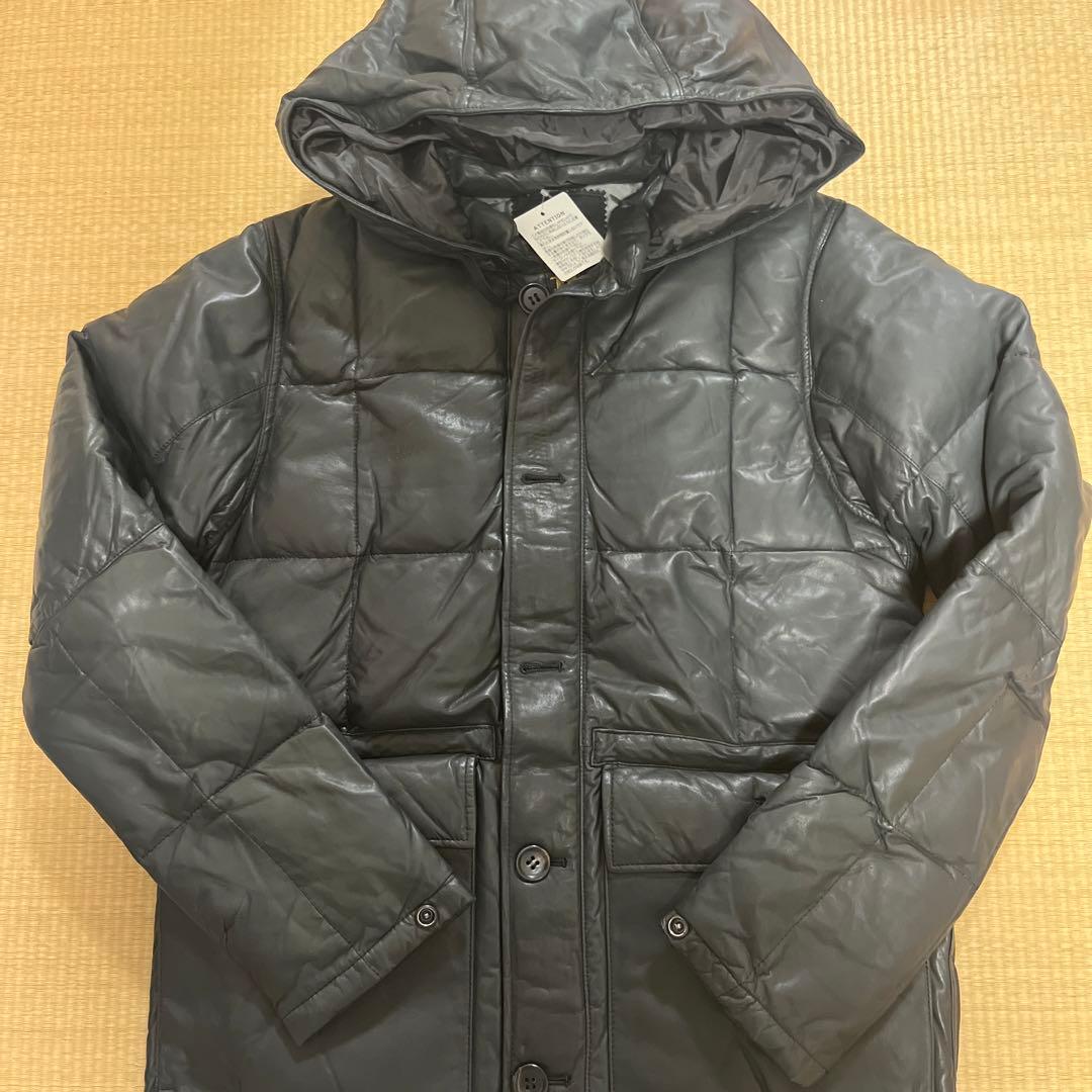 Stussy 黒 ステューシー レザーダウンジャケット フード付き 革 - メルカリ
