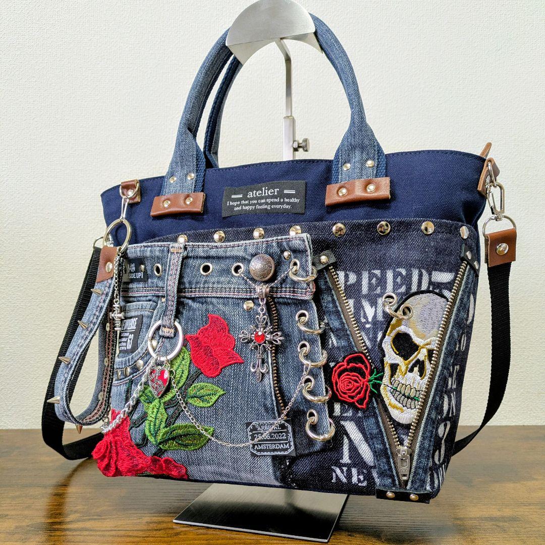 一点物｜デニムリメイク 2wayトート｜ポケットたくさん・ストラップ
