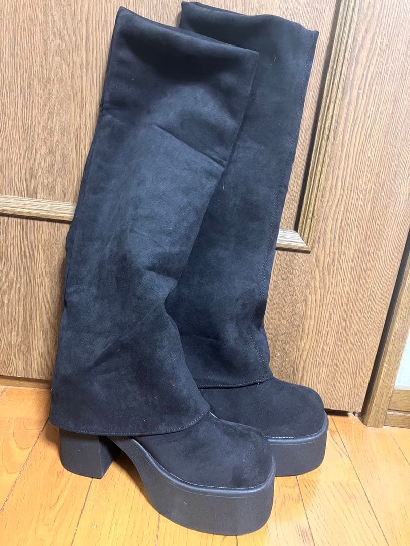 EMODA 風 フレアーカバーフィットブーツ 厚底 ブラック