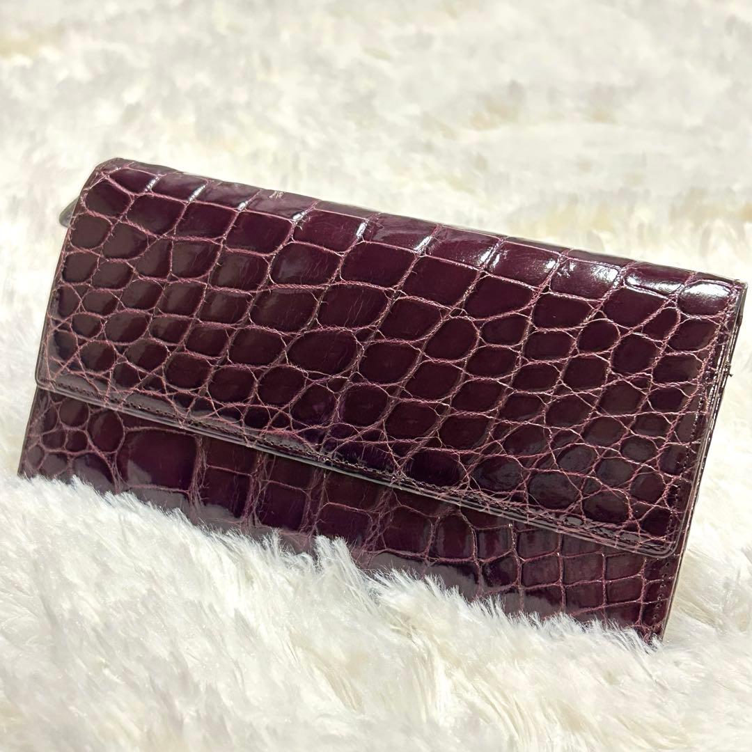 JRA】シャイニークロコダイル 長財布 ワインレッド 穿孔 クロコダイル