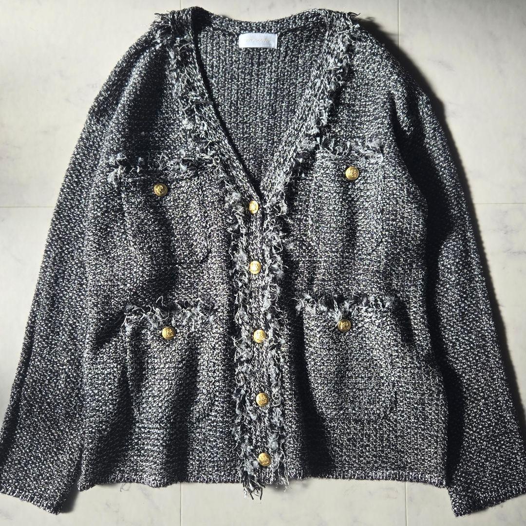 美品✨リヴドロワ ツイードニットカーディガン 黒 ブラック フリンジ