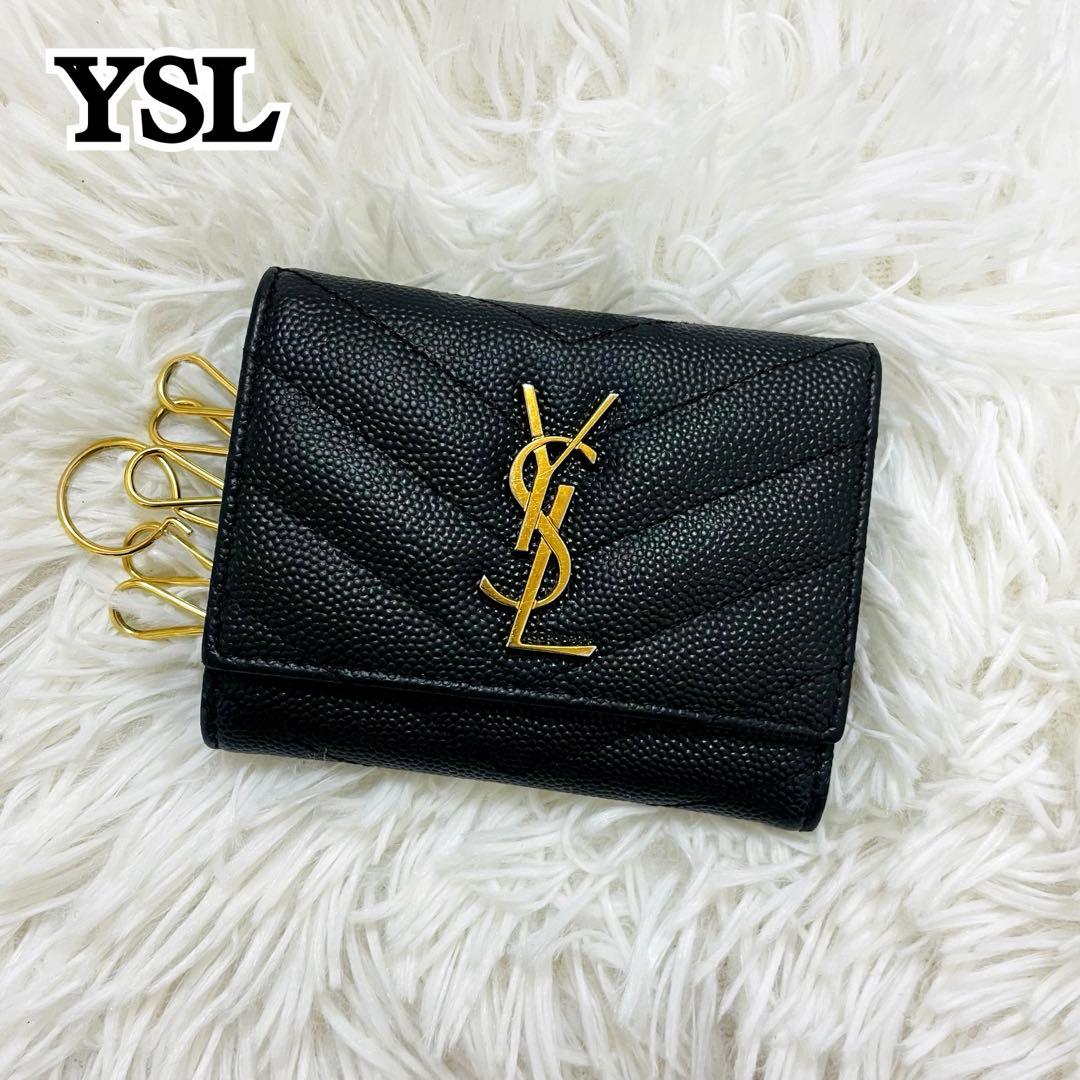 極美✨サンローラン キーケース 6連 キャビアスキン Vステッチ 黒