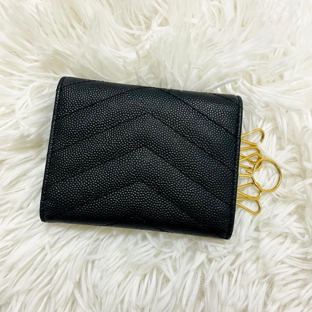 極美✨サンローラン キーケース 6連 キャビアスキン Vステッチ 黒