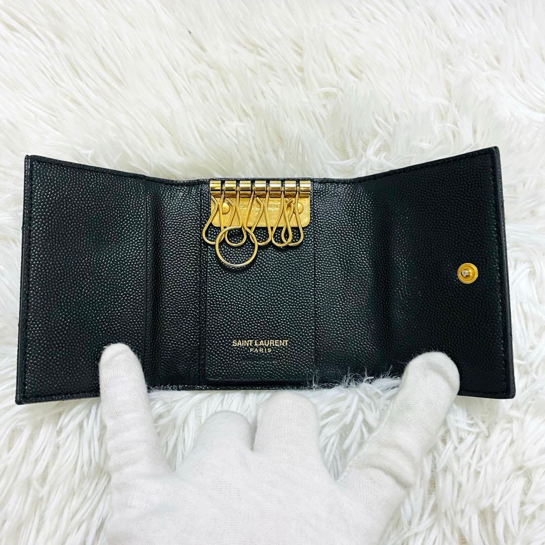 極美✨サンローラン キーケース 6連 キャビアスキン Vステッチ 黒