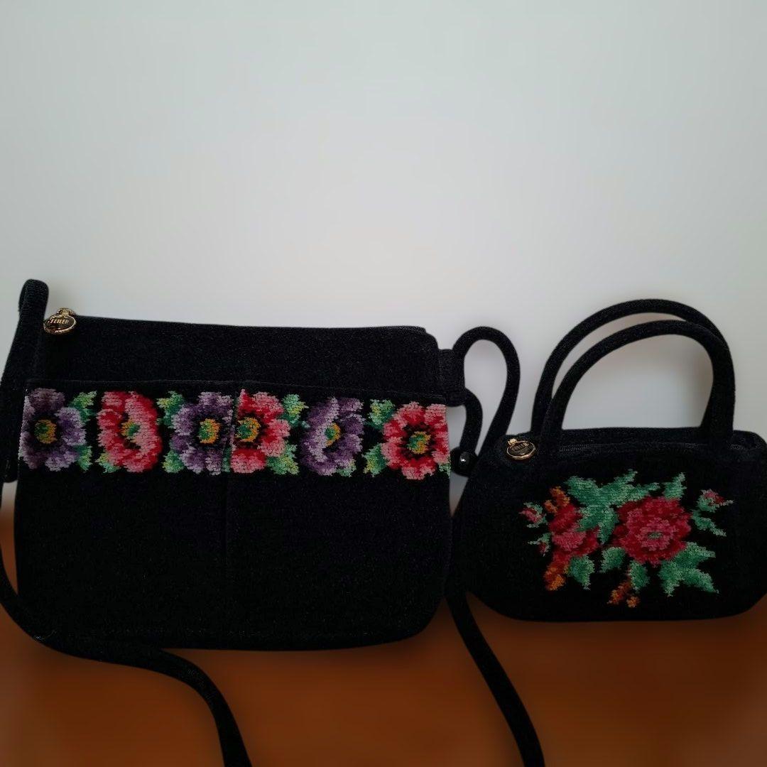 フェイラー花柄刺繍の黒ショルダーバッグセット - メルカリ