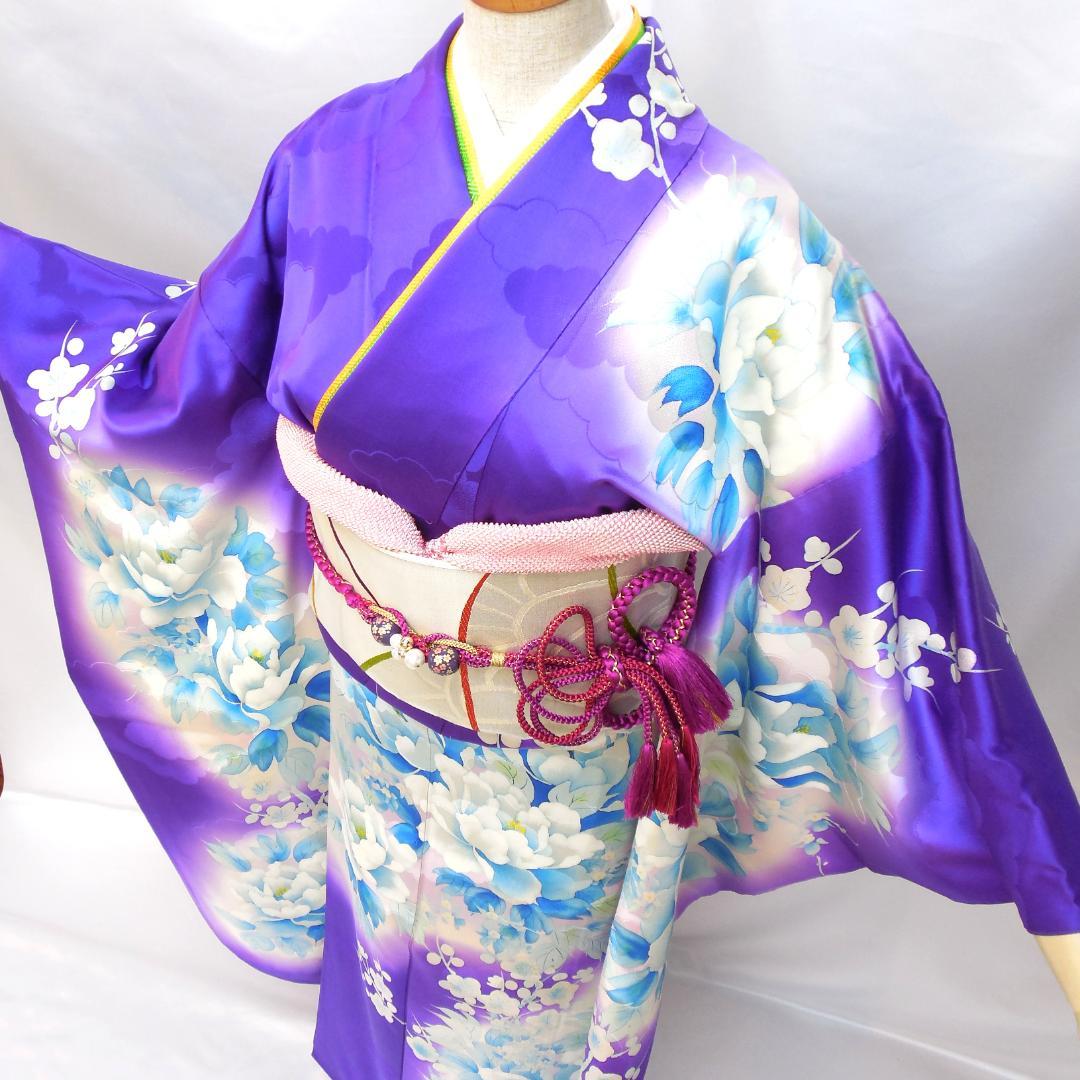 美品☆振袖フルセット 正絹 振袖 7点 成人式 Sサイズ パープル系 紫