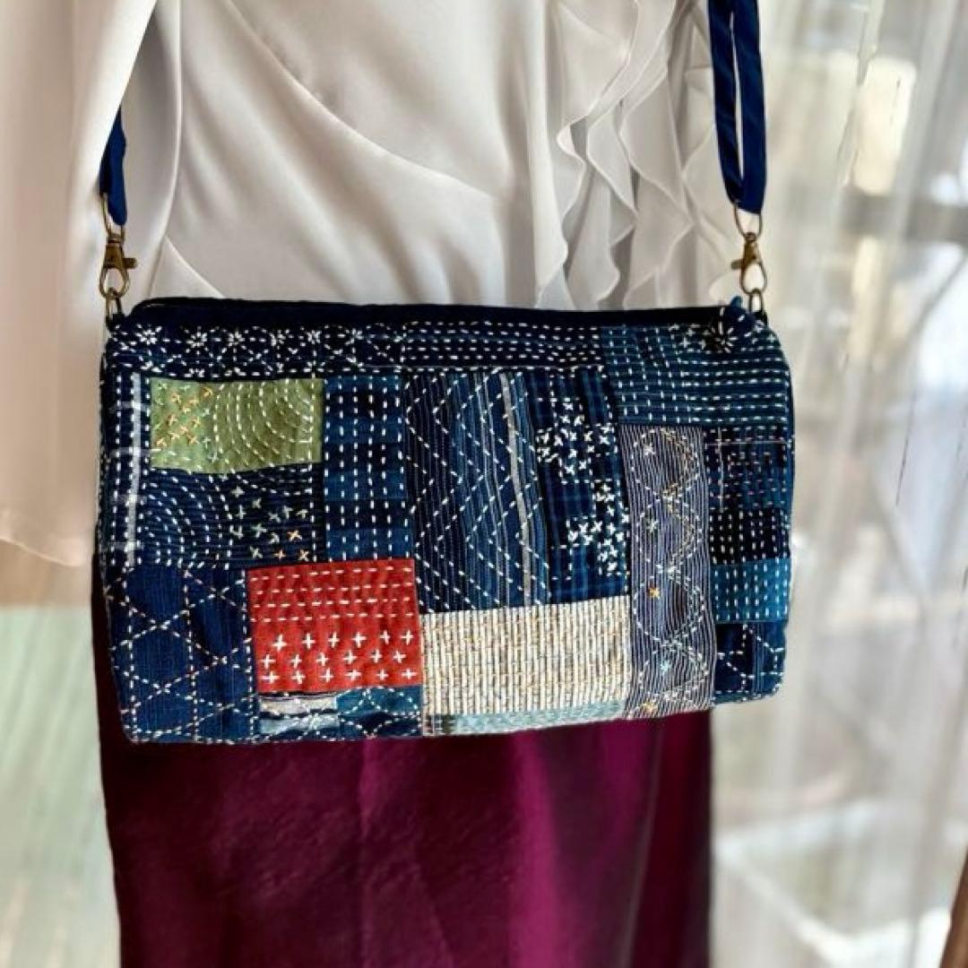 松阪もめん縞模様×刺し子のパッチワークキルト ハンドメイドショルダー