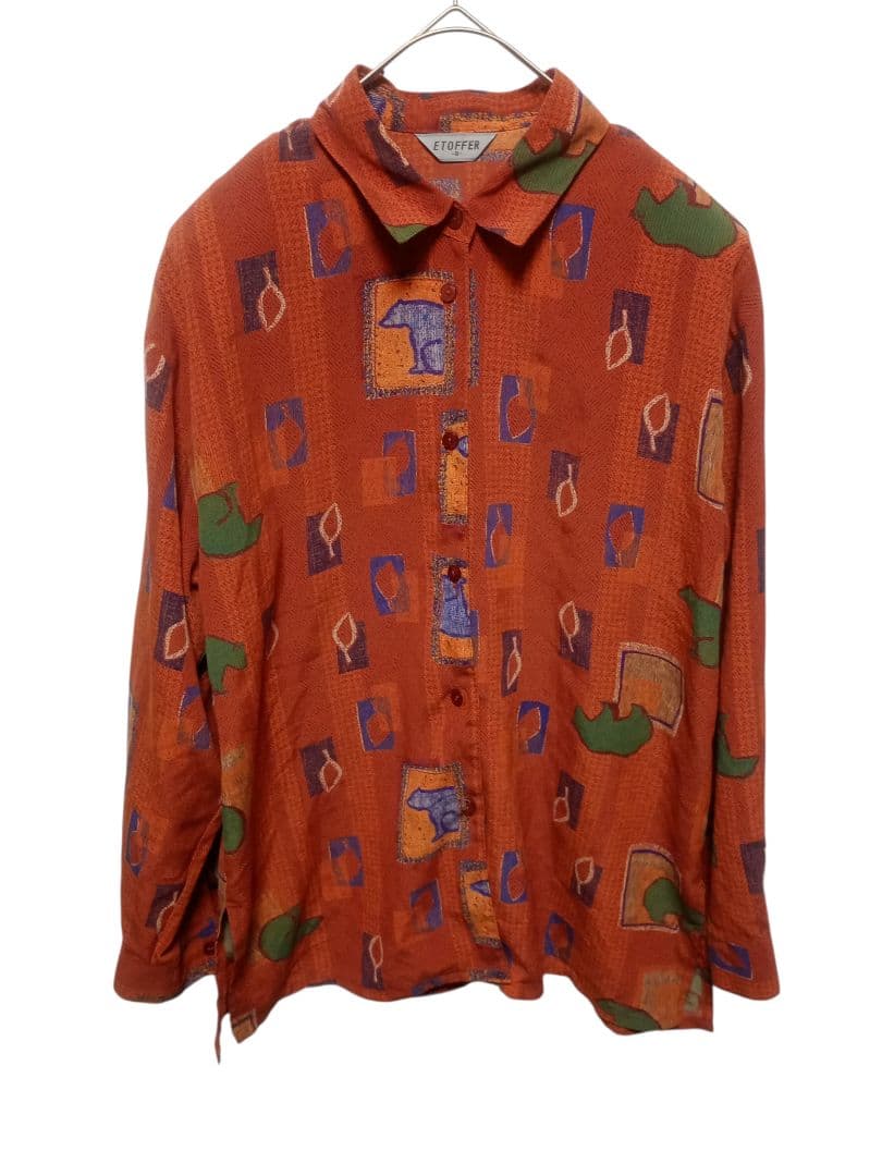 A0045】90s ヴィンテージ 熊模様 幾何学模様 長袖シャツ レトロ 総柄