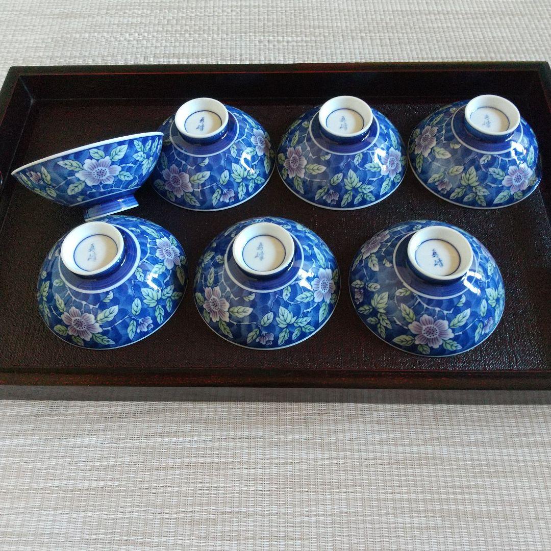 美濃焼 秀峰 青色花柄陶器飯碗7個セット - メルカリ