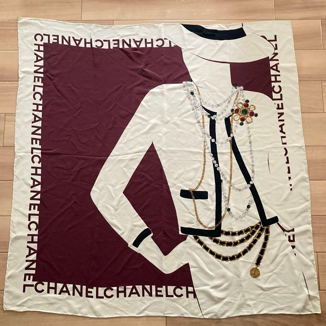 CHANEL シャネル スカーフ ココ柄 ビンテージ シャネル CHANEL スカーフ ココマーク ブラウン 茶 チェーン パール柄