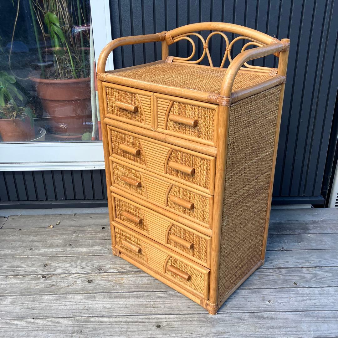 ② 昭和レトロ ラタンチェスト 5段6杯 引き出し箪笥 古家具 ビンテージ ② 昭和レトロ ラタンチェスト 5段6杯 引き出し箪笥 古家具 ビンテージ