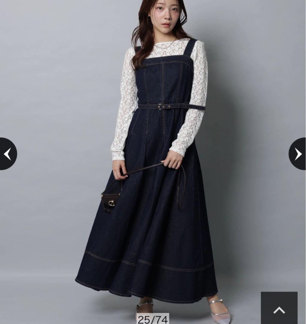 新品】アプワイザーリッシェ ショルダーリボンデニムジャンスカ 紺 S