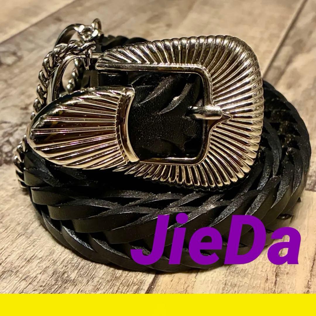 【美品】JieDa チェーンベルト ウエスタン 編みレザー 黒 JieDa [ジエダ] LEATHER WESTERN BELT＜レザーウェスタンベルト＞ Jie