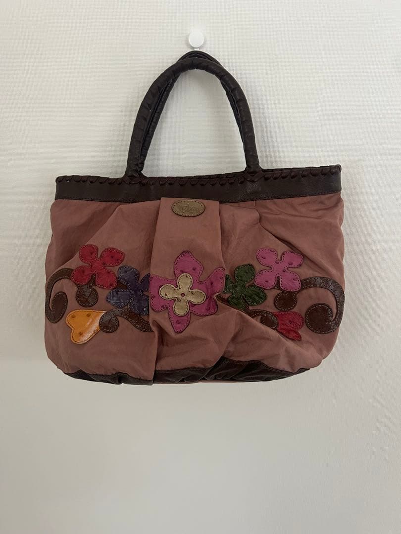 イビザ　ナイロンハンドバッグ　お花パッチワーク　　　IBIZA イビザ IBIZA ブラウン レザー×ナイロン 2wayバッグ フラワー パッチ