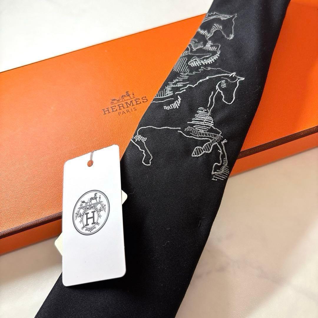 超希少 タグ付き 未使用 エルメス 馬の刺繍 ネクタイ ソリッド 黒 箱