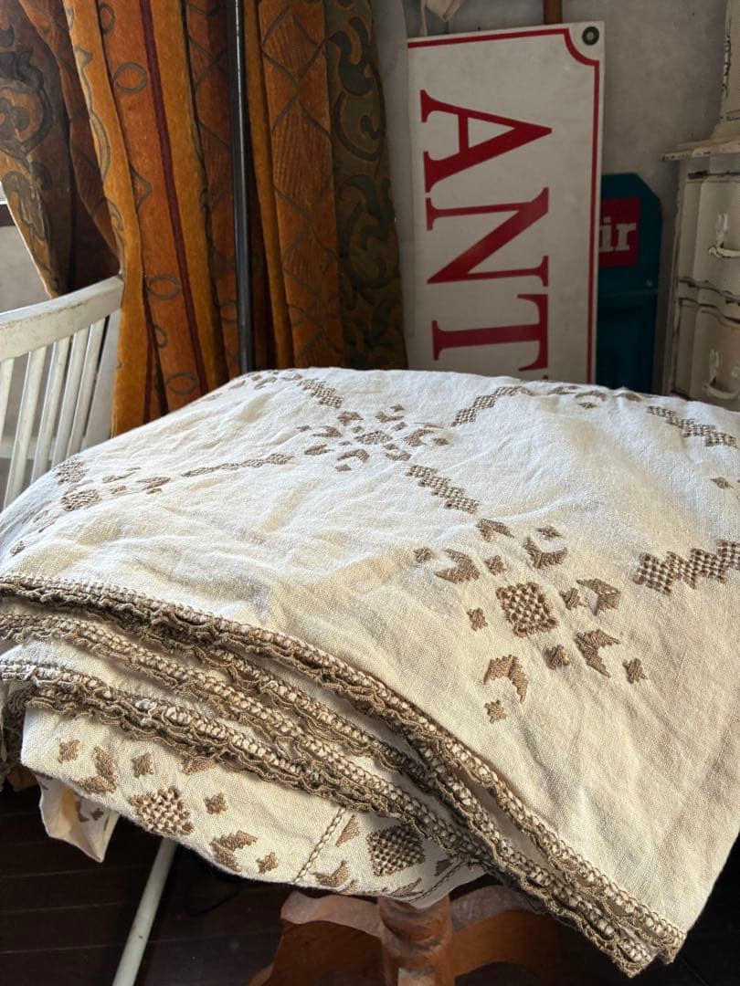 フランス アンティーク 大判カバー テーブル ベッド カバー クロス 刺繍 B