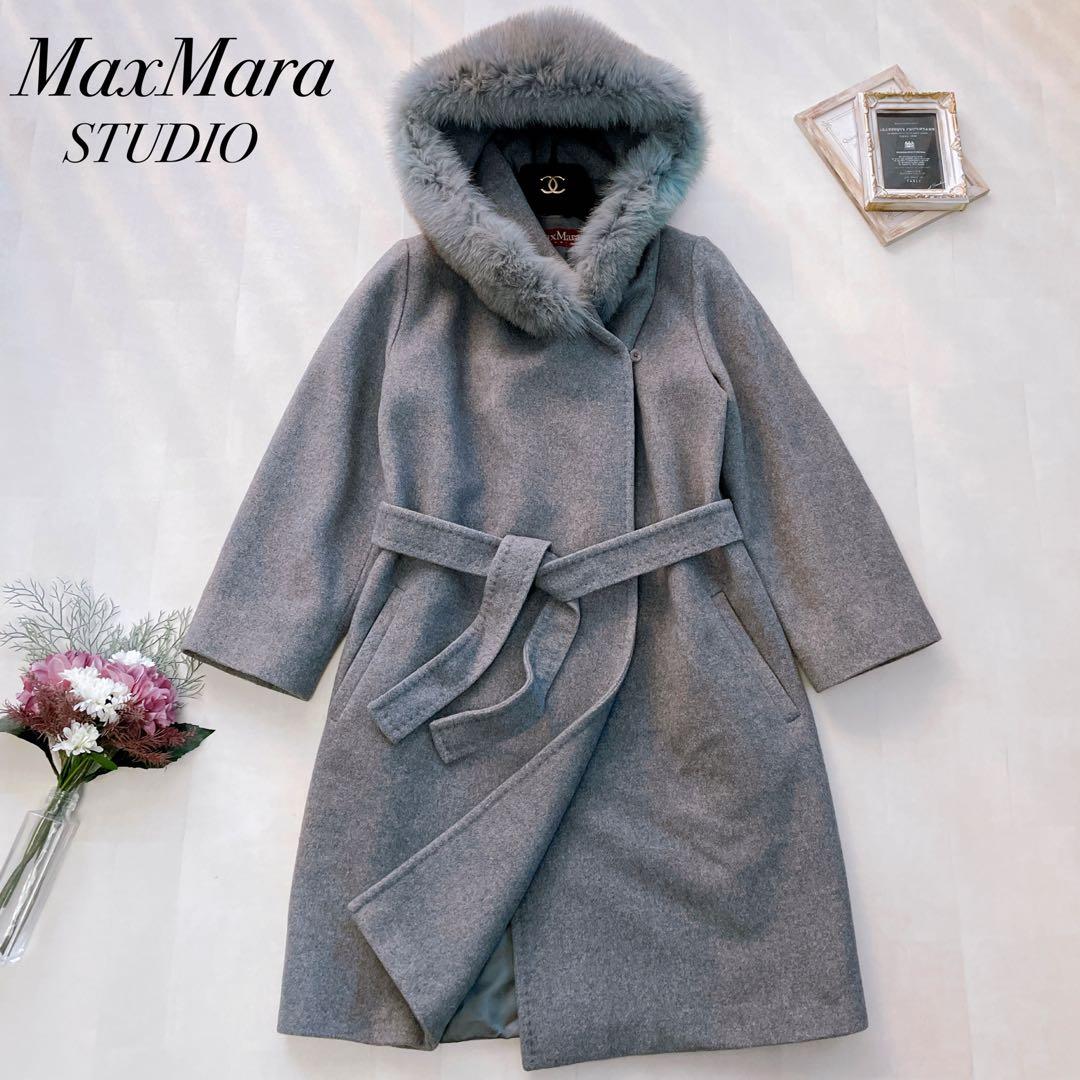 高級✨マックスマーラ ベルテッドコート シルク アンゴラ フォックス