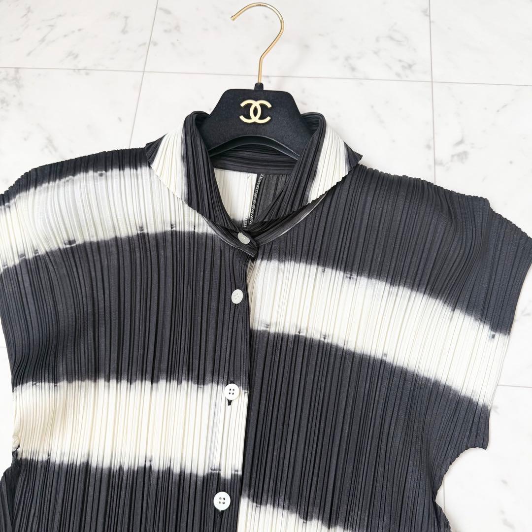 極美品❤️プリーツプリーズ シャツ チュニック 半袖 変形 ボーダー L