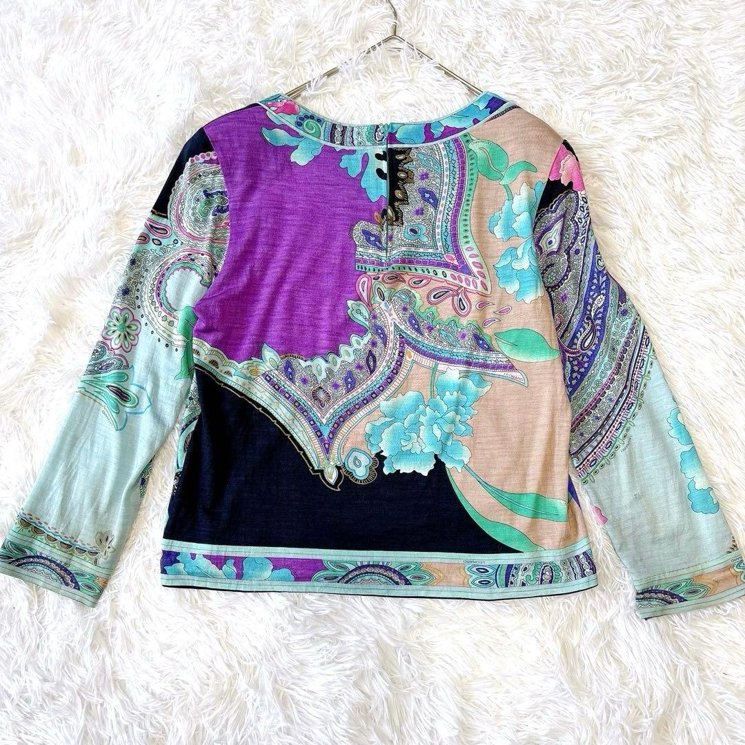 レオナール シルク混 花柄 トリム カットソー L 濃紺 ペイズリー 日本