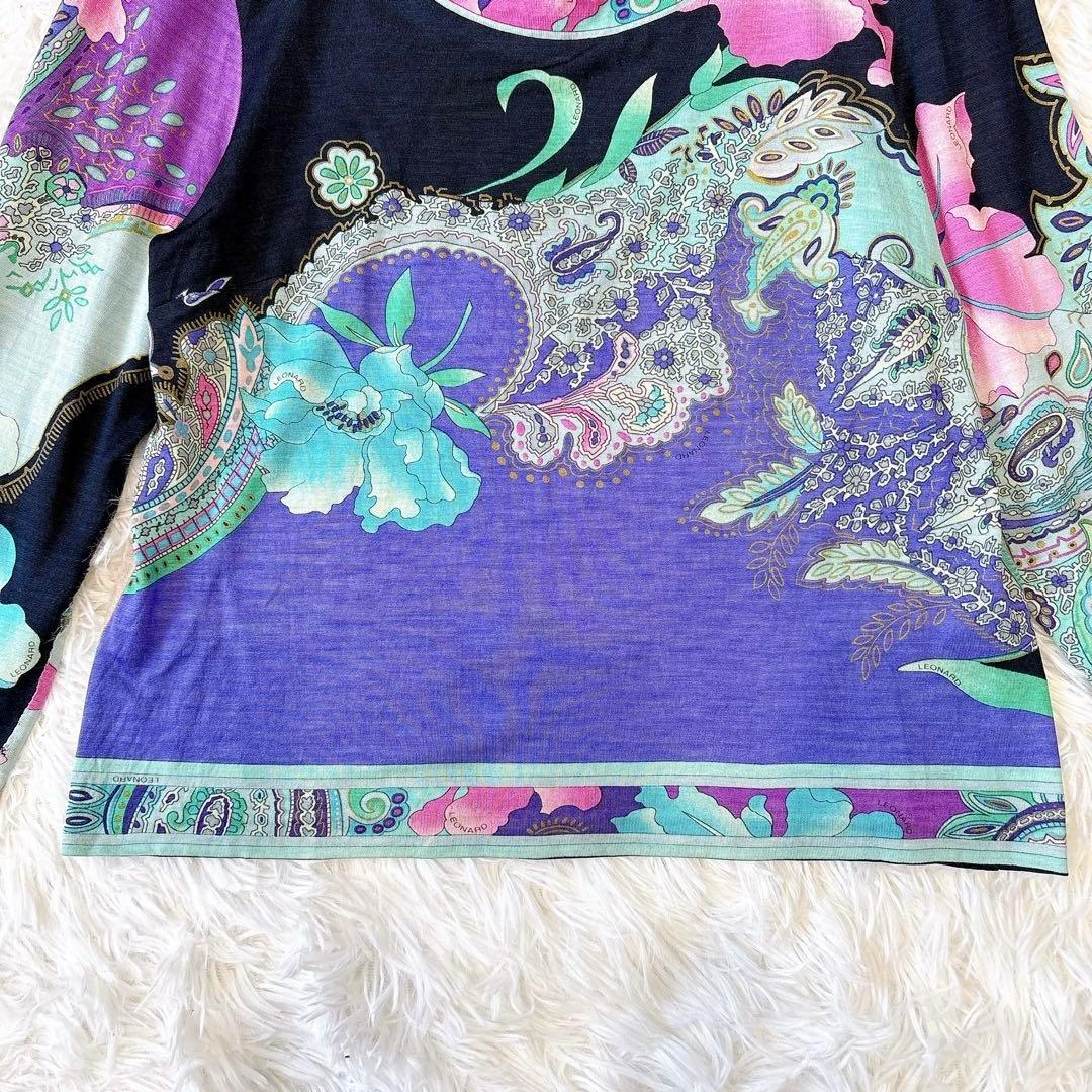 レオナール シルク混 花柄 トリム カットソー L 濃紺 ペイズリー 日本