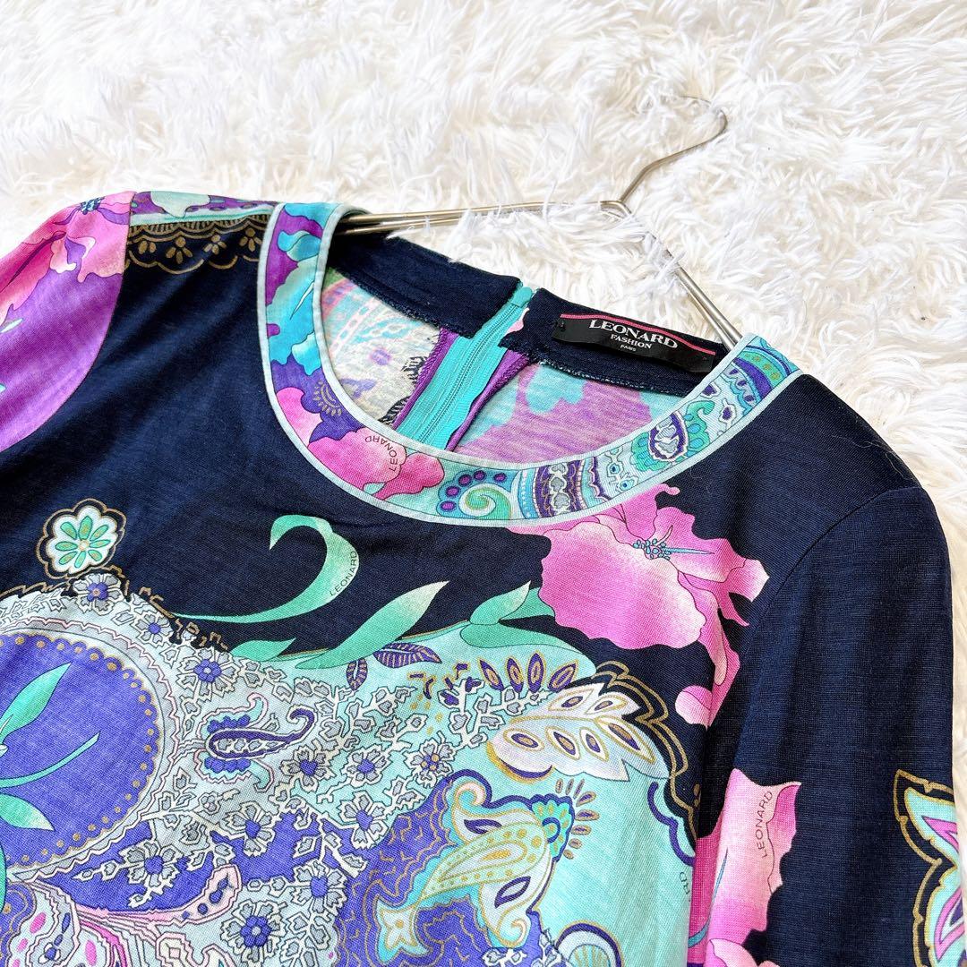 レオナール シルク混 花柄 トリム カットソー L 濃紺 ペイズリー 日本