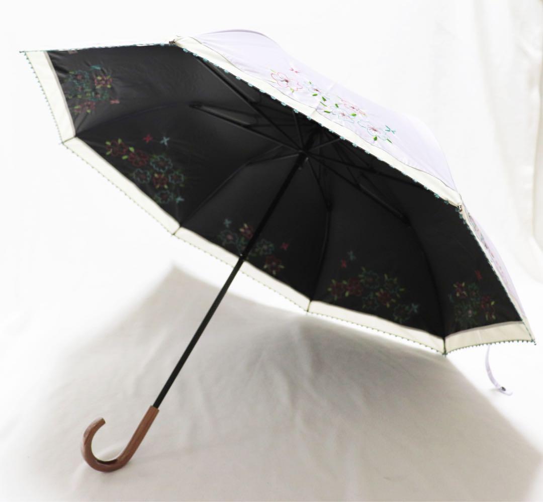 《ホコモモラ》新品 UVカット加工 花柄刺繍 晴雨兼用折りたたみ傘 日傘 雨傘