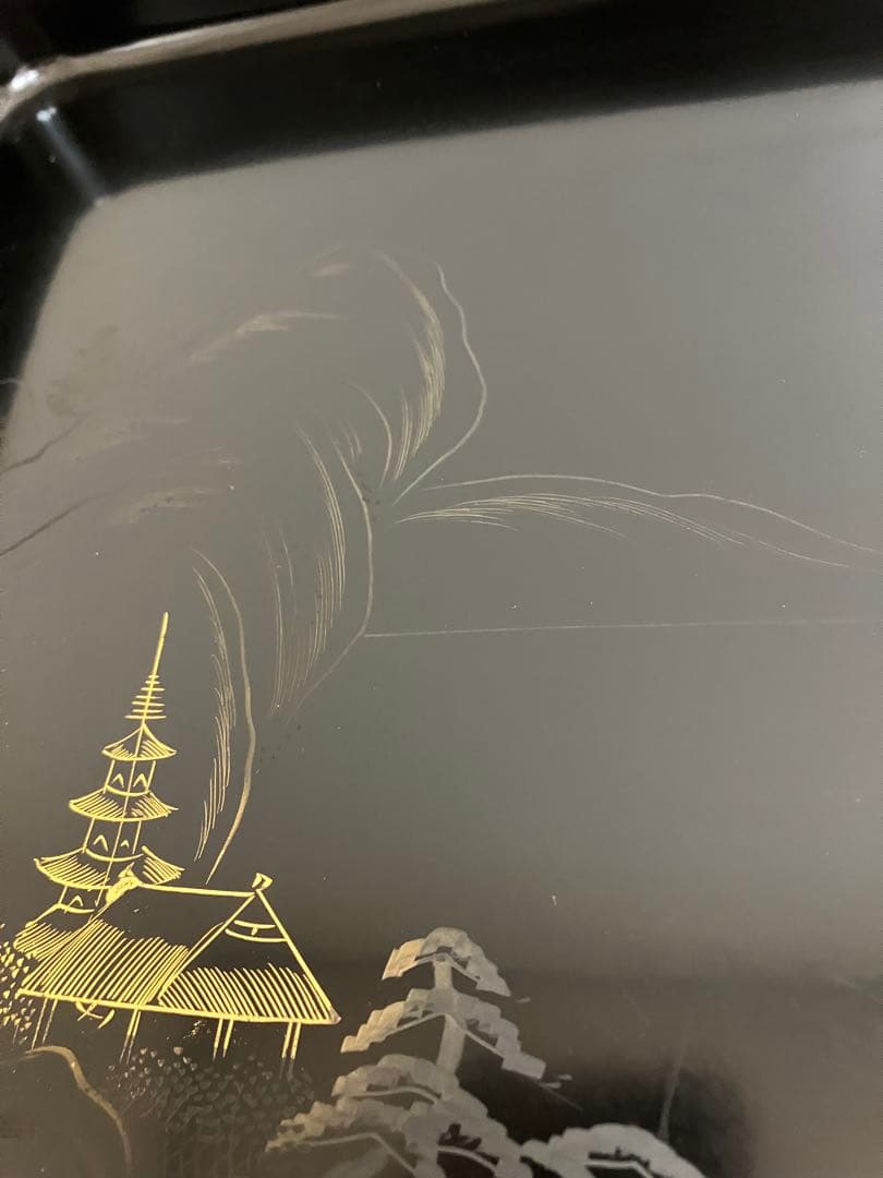 茶道具 懐石膳 木製黒塗 沈金 山水蒔絵 10枚揃 四方膳 】天然木製