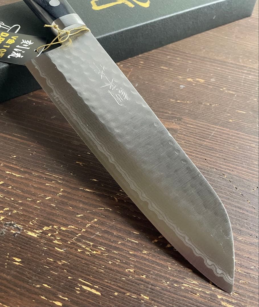 増谷刃物 訓平作 三徳包丁 VG10ステンレス 積層槌目（刻流）口金有 紺