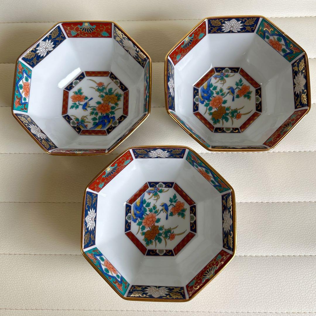 有田焼 青藍窯 金彩古伊万里 八角鉢 3枚セット 中鉢 小鉢 花鳥 色絵 和