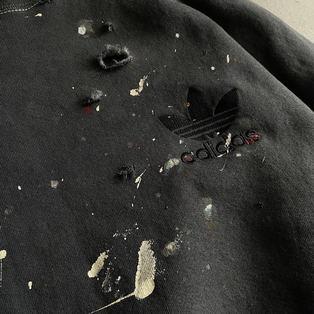 80s 万国旗“adidas”墨黒“XL“USA製“ペンキ”boro sweat