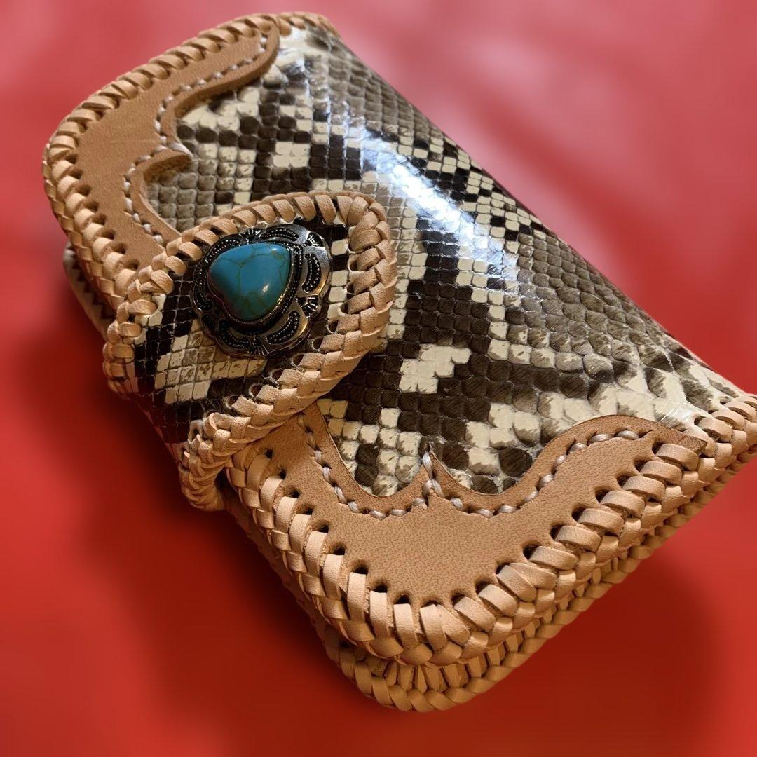 ハンドメイドレザークラフトダイヤモンドパイソンミドルウォレットヌメ