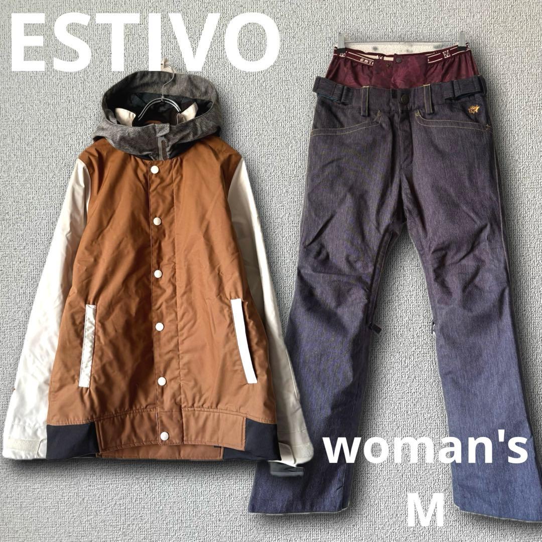 ESTIVO エスティボ スノーボードウェア 上下セット レディース M デニム ESTIVO スノボウエア 上下セット ジャケットL パンツM レディース