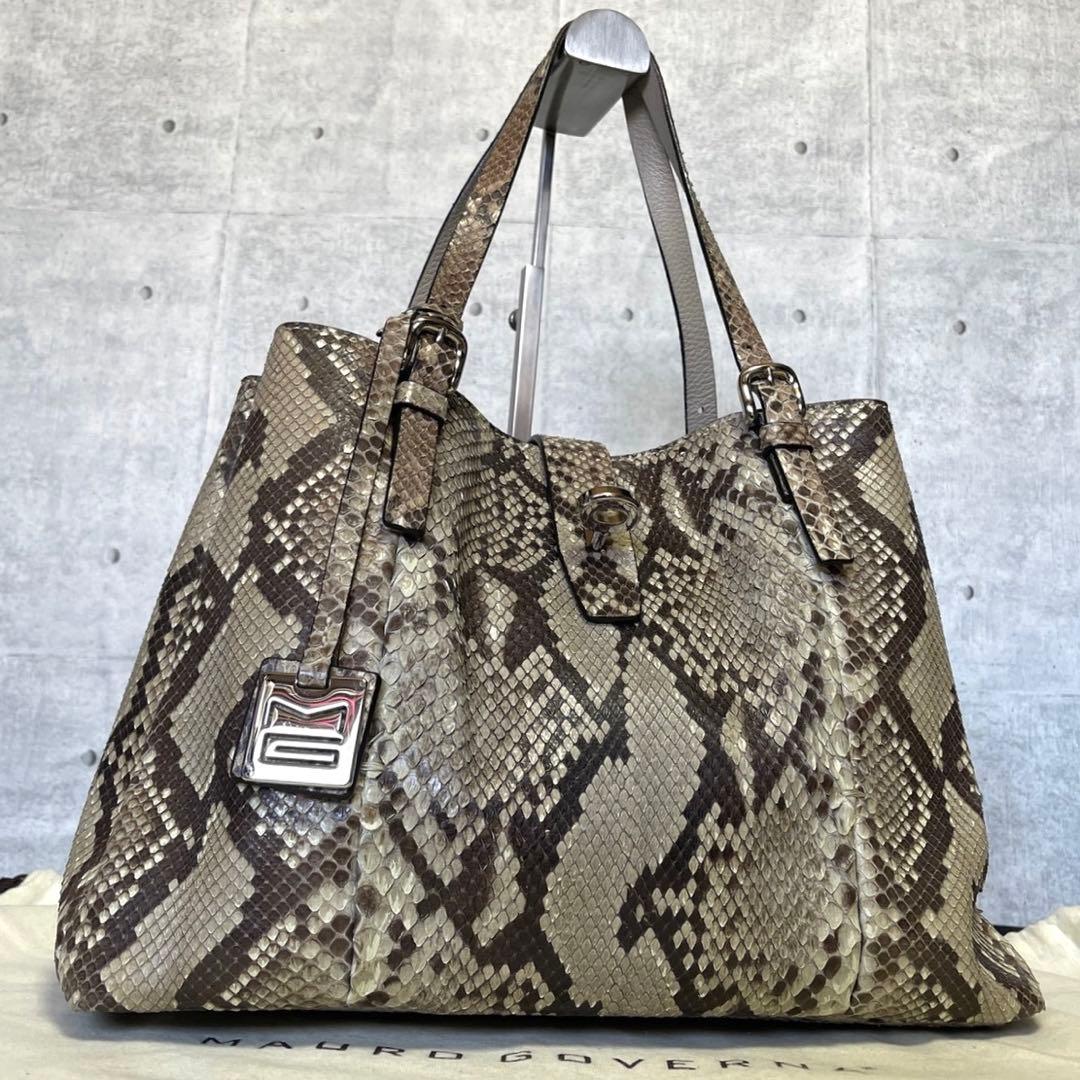 未使用級 MAURO GOVERNA パイソン ベージュ×ブラウン トートバッグ