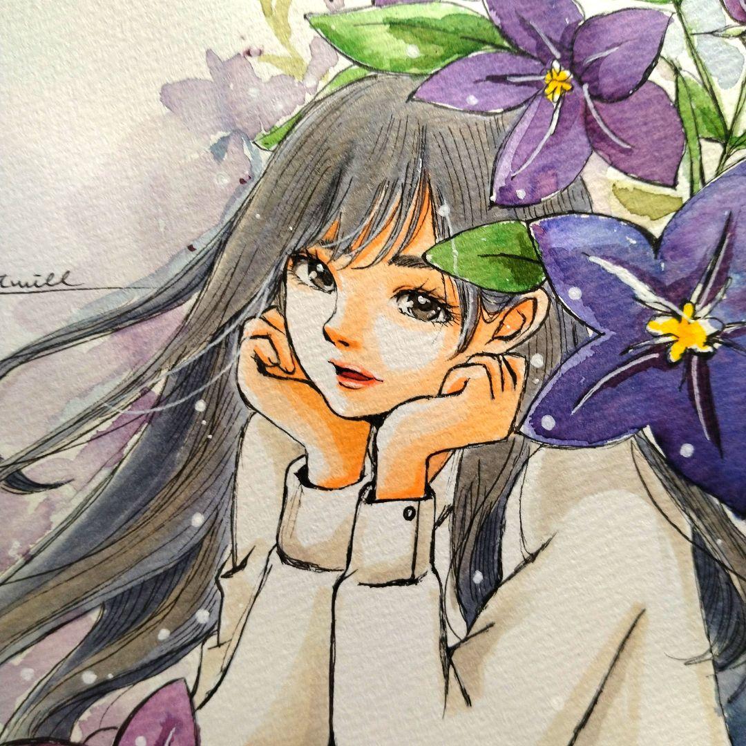 アクリル画 月と桔梗 アクリル画 月と桔梗