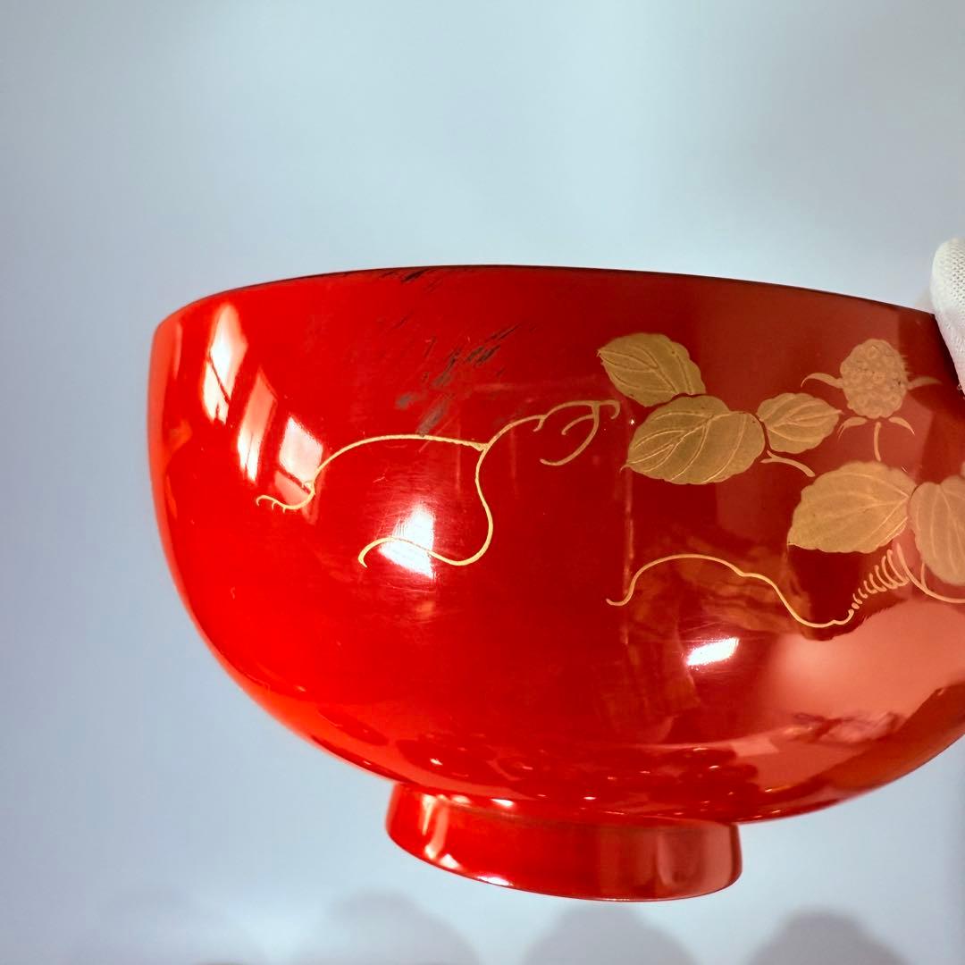 京漆器蒔絵師橘屋友七絵替わり「朱塗椀直物文様」10客漆器共箱有り