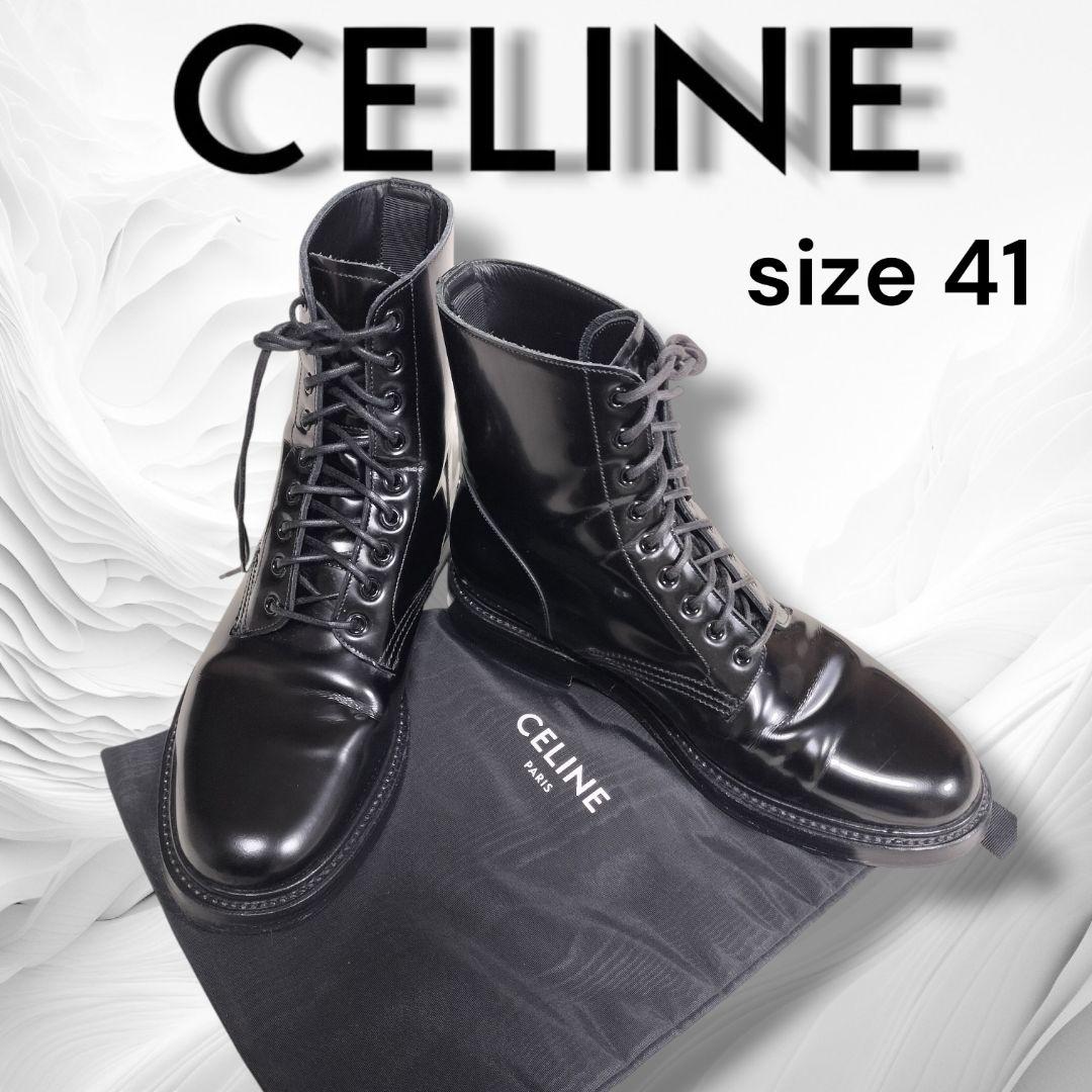 セリーヌ CELINE レースアップ ショートブーツ 41 CELINE - セリーヌ ロゴ レースアップ ショートブーツ メンズ 【中古