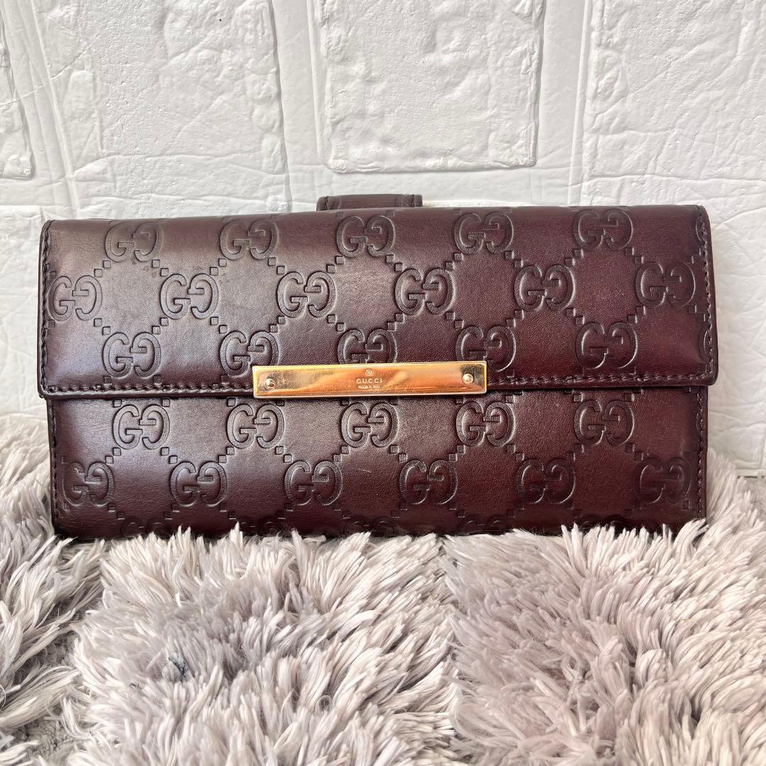良品✨GUCCI シマ　ロゴプレート　Wホック　ダークブラウン　長財布　メンズ グッチシマ グッチ 財布 GUCCI 長財布 札入れ 小銭入れなし メンズ