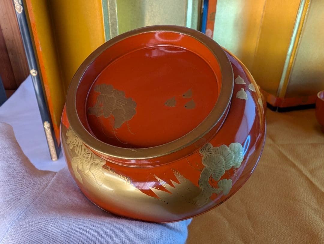 明治時代 輪島塗 金蒔絵 蓋付椀 波千鳥 3客 木製 汁椀 雑煮